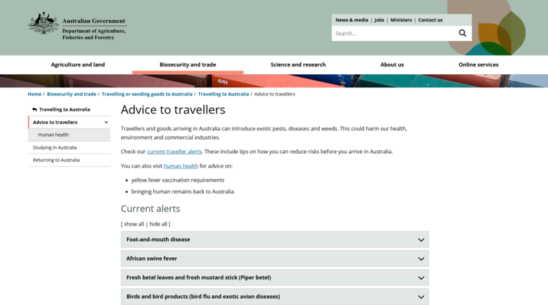 “‘Advice to travellers’ 페이지. 호주 입국 전 여행자가 반드시 알아야 할 검역 위험 요소와 주의 사항이 안내되어 있다.”