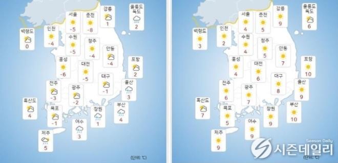 출처 : 기상청 날씨누리 / 1월 6일 오전(좌) 오후(우) 945860.jpg