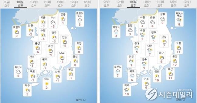 출처 : 기상청 날씨누리 / 1월 10일 오전(좌) 오후(우) 00000.jpg