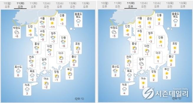 출처 : 기상청 날씨누리 / 1월 11일 오전(좌) 오후(우) 759847895749.jpg