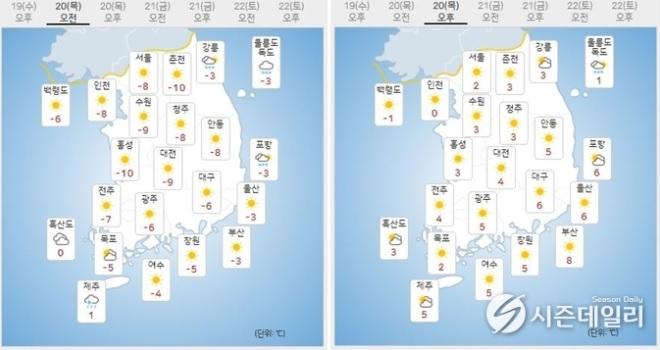 출처 : 기상청 날씨누리 / 1월 20일 오전(좌) 오후(우) 45860459.jpg